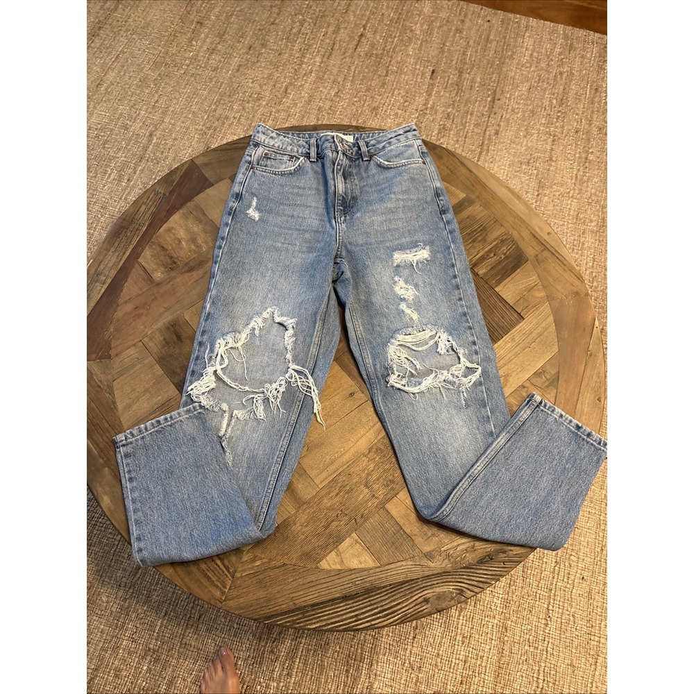 Topshop Mom Jeans Womens  Blue Medium Wash High Rise Distressed 26x31 Straight